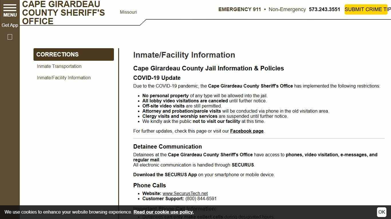 Inmate/Facility Information | Cape Girardeau County MO Sheriff's Office